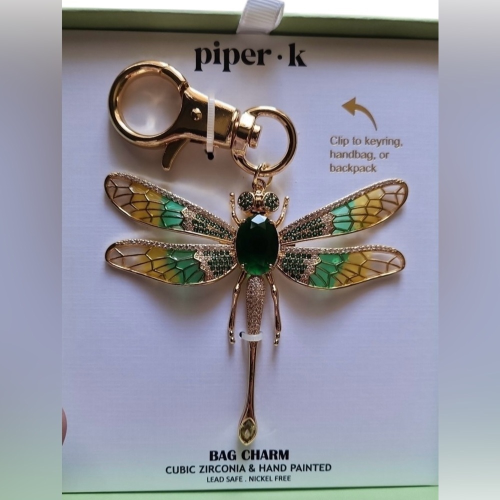PIPER K Dragonfly Gold Hand-Painted with CZ Articulated Wings Bag Charm NEW NWT - Picture 13 of 15